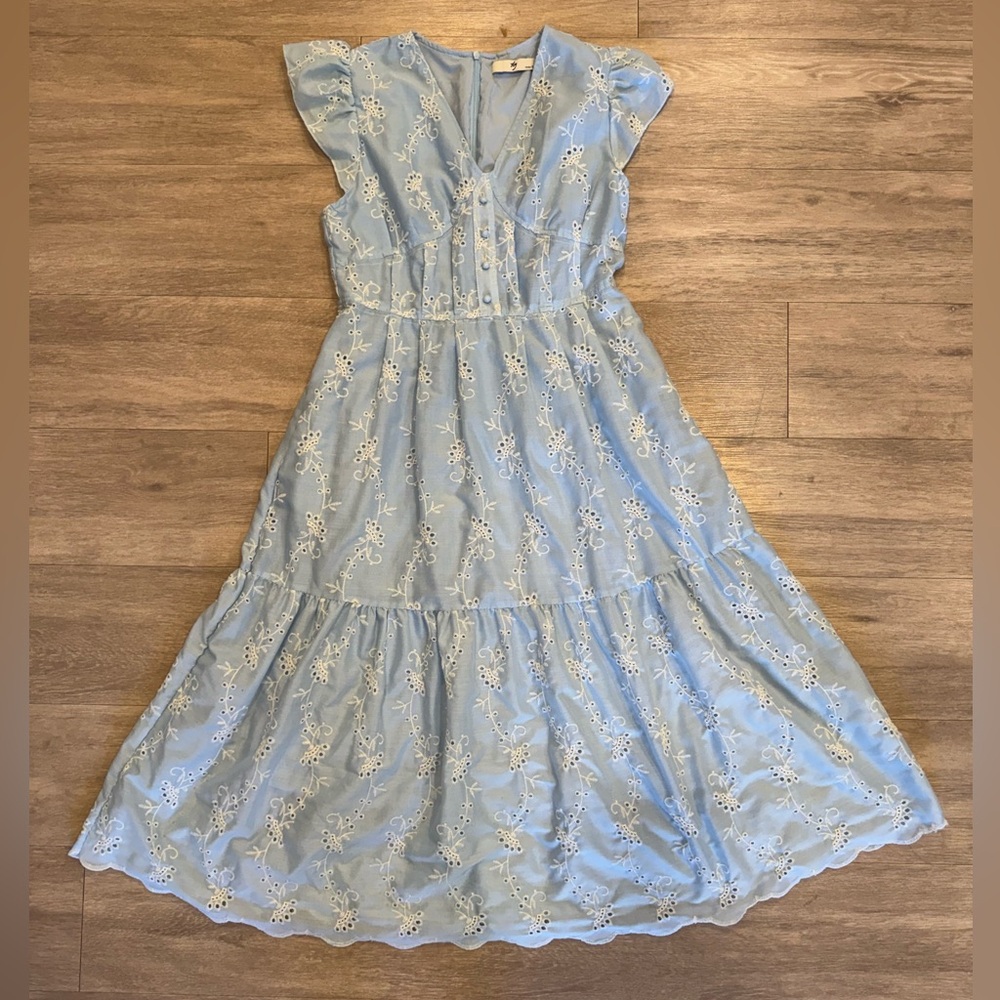 Light Blue Embroidered Midi Dress - Women
